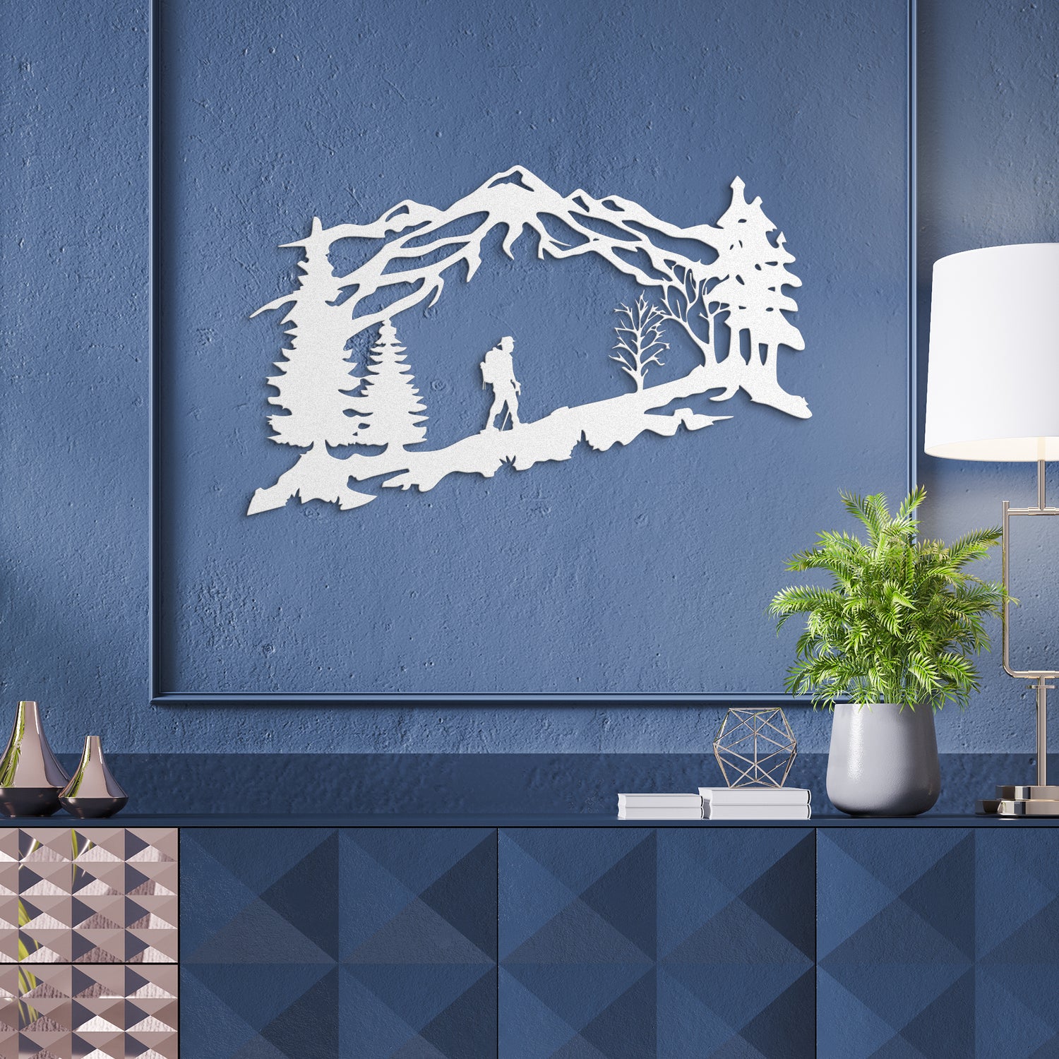 Backpacker in Mountain Metal Wall Art